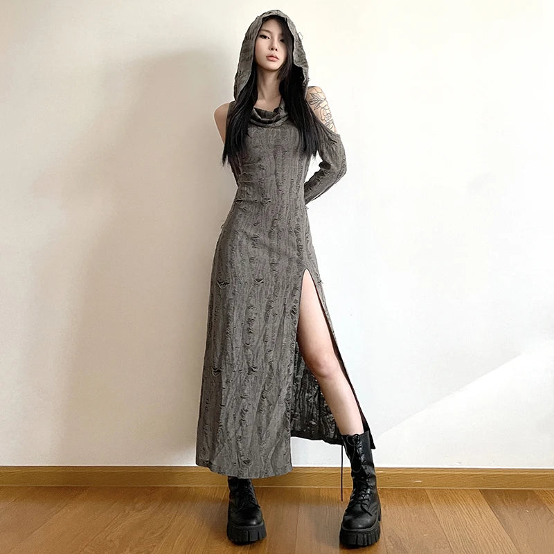 Wjczt Waste Soil Style Distressed Hooded Dress Elegant Slim Slimming and Shoulder Hollow Design for Women Spring Summer Tunics Cozy soft