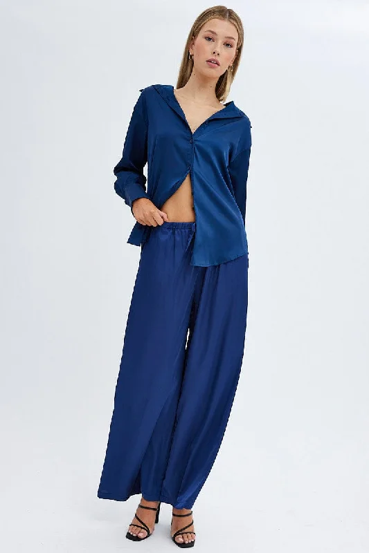 Blue Wide Leg Pants High Rise Soft Wool Pants
