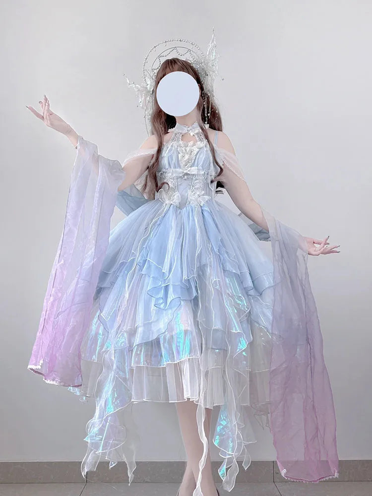 Wjczt Beautiful Cute Fairy Dress Cloudy Blue Flower Wedding Lolita Tunics Versatile functional