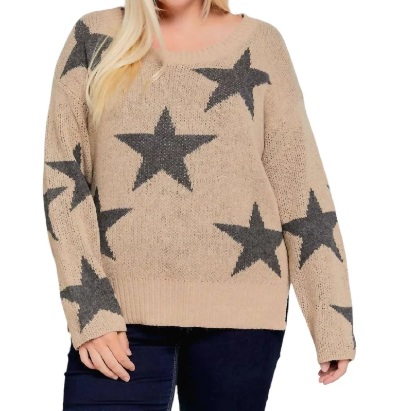 Curvy Star Sweater - Plus In Taupe Chenille Brocade Lace
