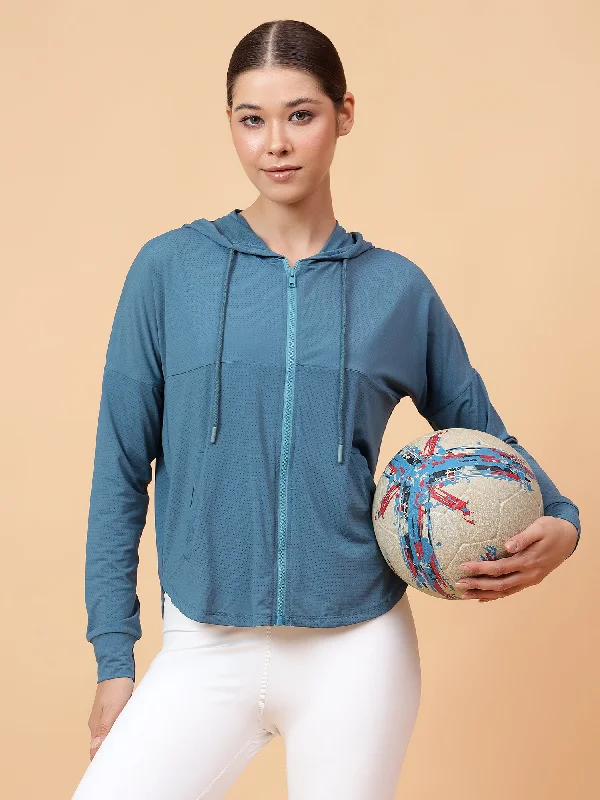 Fitkin Women Turquoise Self Design Hooded Jacket Nylon Fabric Polyester Fabric Spandex Fabric Fitkin Women Turquoise Self Design Hooded Jacket Nylon Fabric Polyester Fabric Spandex Fabric