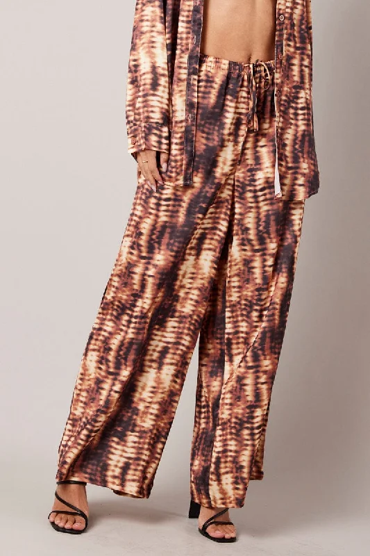 Brown Abstract Wide Leg Pants High Rise Satin Cozy Full-Length Pants