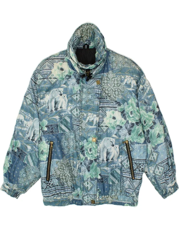 VINTAGE Womens Windbreaker Jacket UK 16 Large Blue Animal Print Notch Collar Peter Pan Collar Cowl Neck VINTAGE Womens Windbreaker Jacket UK 16 Large Blue Animal Print Notch Collar Peter Pan Collar Cowl Neck