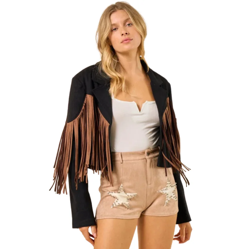 WISTERA LANE WOMEN'S COLORBLOCK FRINGE SUEDE JACKET - W2122JIB Belted Jacket Elasticated Jacket Padded Jacket WISTERA LANE WOMEN'S COLORBLOCK FRINGE SUEDE JACKET - W2122JIB Belted Jacket Elasticated Jacket Padded Jacket