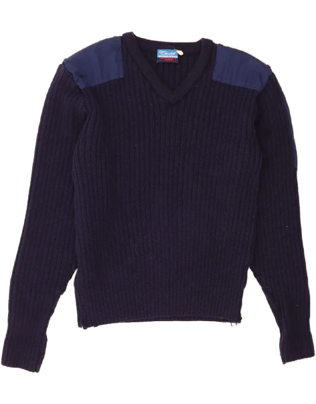 VINTAGE Womens V-Neck Jumper Sweater UK 14 Medium Navy Blue Wool Machine Wash Dry Clean Hand Wash VINTAGE Womens V-Neck Jumper Sweater UK 14 Medium Navy Blue Wool Machine Wash Dry Clean Hand Wash