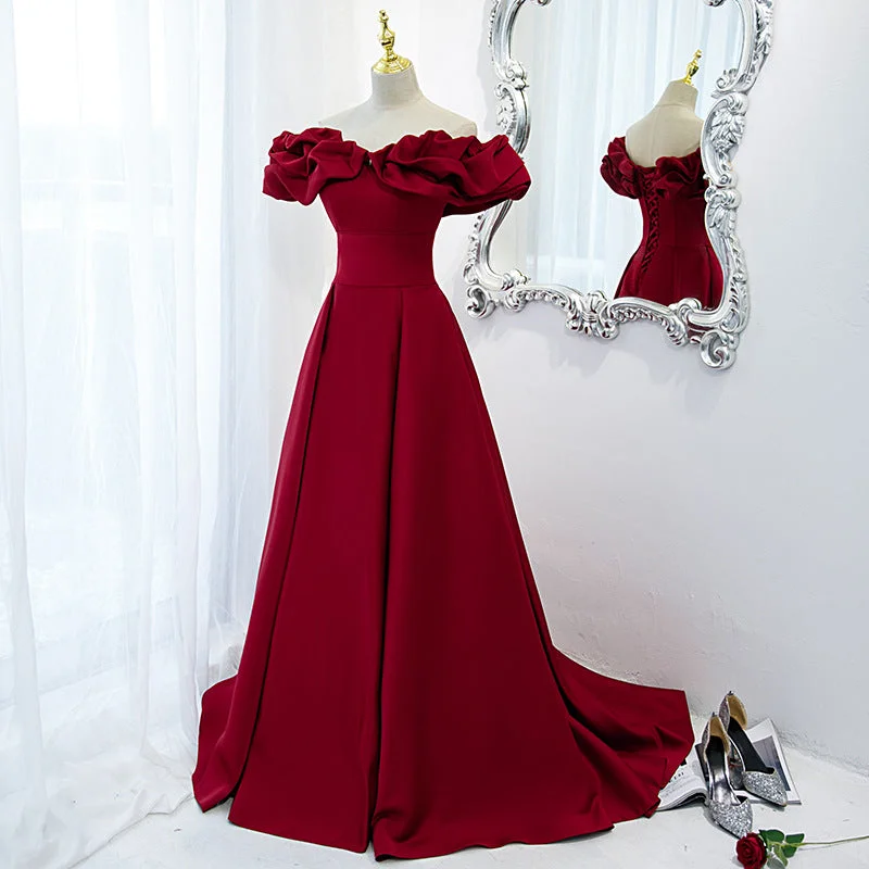 Wjczt Red evening dress for women with tail and one shoulder host high-end satin toast dress for women in spring bride Tunics Yoga stretchy