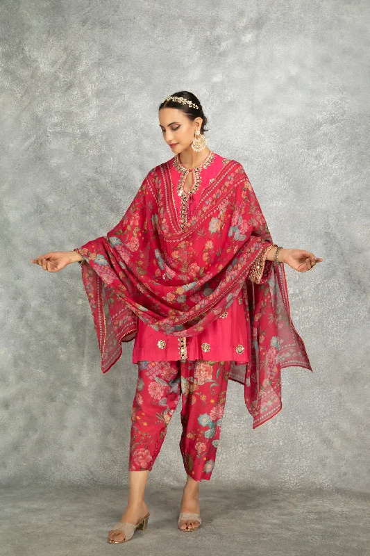 Hot Pink Mirror Embroidered Angrakha With Printed Pants & Dupatta Set Of 3 Casual Lounge Pants Hot Pink Mirror Embroidered Angrakha With Printed Pants & Dupatta Set Of 3 Casual Lounge Pants