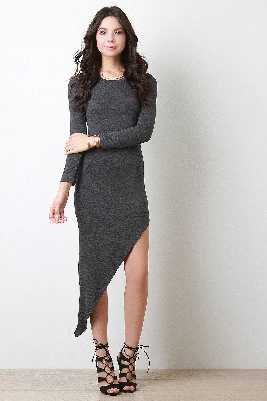 Asymmetrical Jersey Knit Long Sleeve Dress Tunics Vintage classic