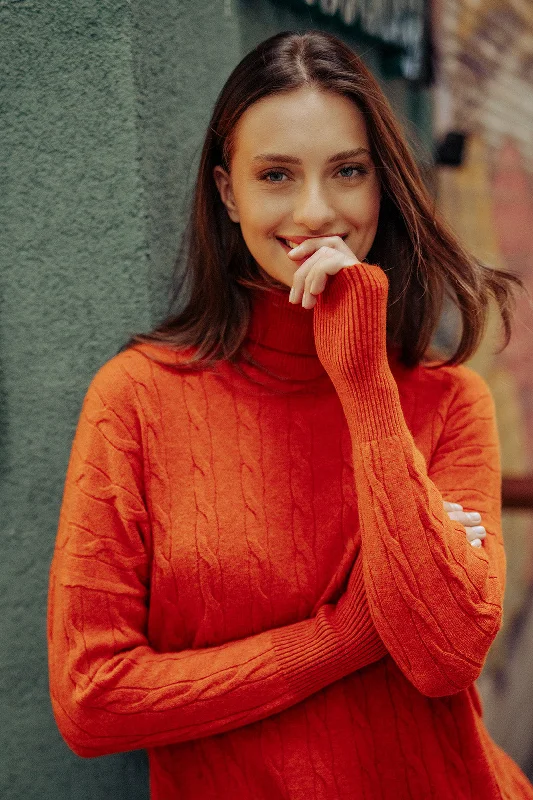 Dark Orange Australian Wool and Cashmere Amelia Hair Braided Turtleneck T-Sleeve Women's Tunic Sweater Ribbed Striped Patterned Dark Orange Australian Wool and Cashmere Amelia Hair Braided Turtleneck T-Sleeve Women's Tunic Sweater Ribbed Striped Patterned