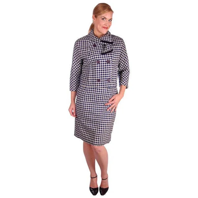 Vintage Navy Blue & White Houndstooth Wool Suit Boxy Jacket 1960s 40-26-37 Boat Neck Shawl Collar Notched Collar Vintage Navy Blue & White Houndstooth Wool Suit Boxy Jacket 1960s 40-26-37 Boat Neck Shawl Collar Notched Collar