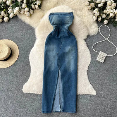 Wjczt Women Sexy Strapless Hollowed Out Halter Neck Backless Sleeveless High Waist Slimming A-line Denim Zipper Dress Tunics Mesh breathable