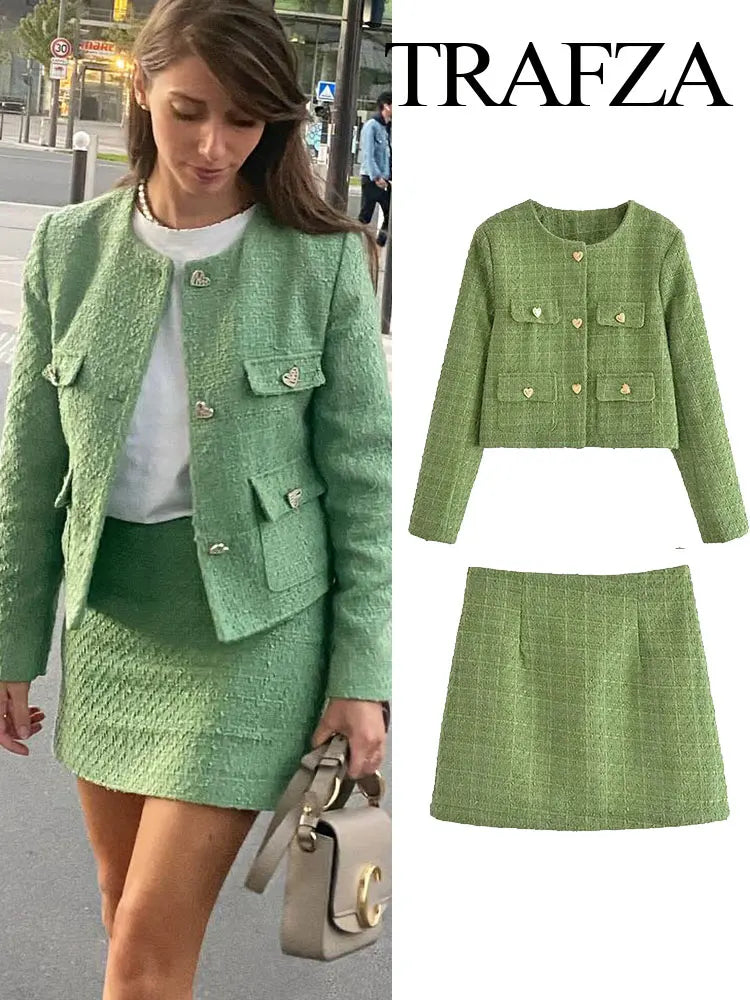 TRAFZA Suits For Women Fashion Green Coarse Weaving Loose Single Breasted Jackets + Slim Chic And Elegant Women's Autumn Skirts Cardigan Sweater Pullover TRAFZA Suits For Women Fashion Green Coarse Weaving Loose Single Breasted Jackets + Slim Chic And Elegant Women's Autumn Skirts Cardigan Sweater Pullover