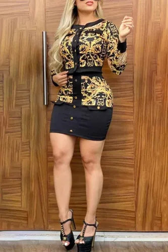 Italian Print Black & Gold Bodycon Skirt Set velvet skirt luxury