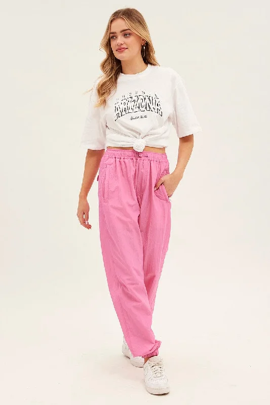 Pink Parachute Cargo Pants Mid Rise Wide-Legged Palazzos