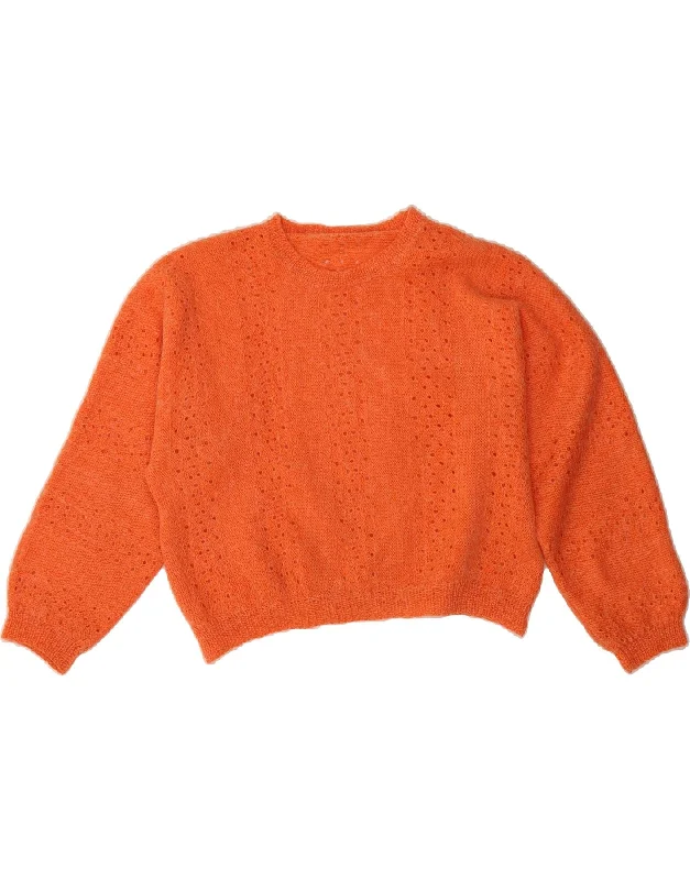 VINTAGE Womens Crop Crew Neck Jumper Sweater UK 14 Medium Orange Denim Fabric Leather Fabric Suede Fabric VINTAGE Womens Crop Crew Neck Jumper Sweater UK 14 Medium Orange Denim Fabric Leather Fabric Suede Fabric