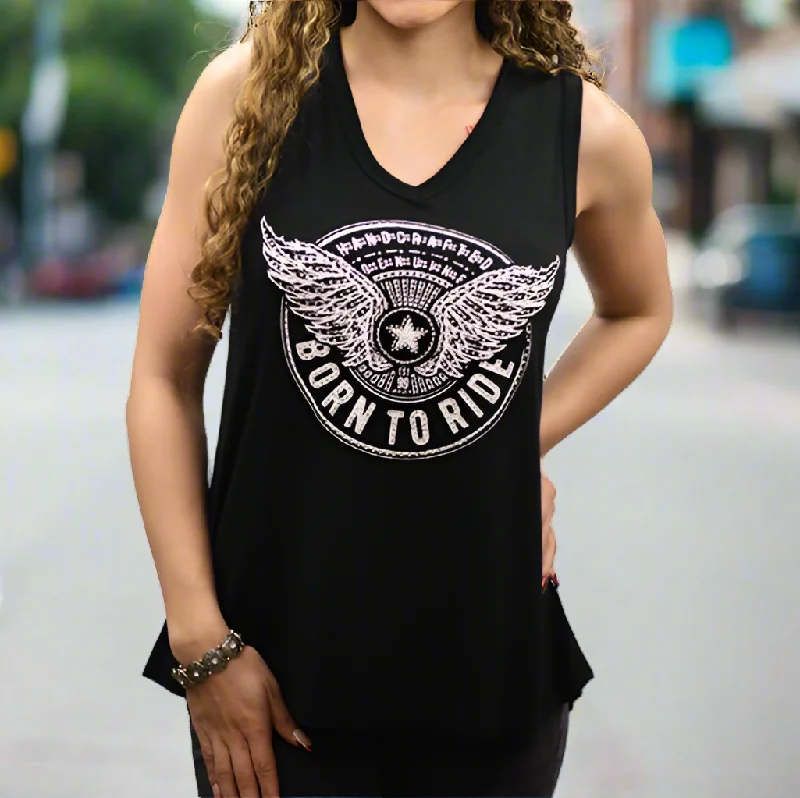 Born to Ride Tank with Star & Wings Graphic and Lace Back Details striped tank top
