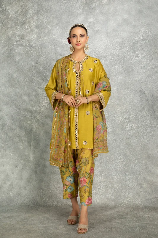 Mustard Green Mirror Embroidered Angrakha With Printed Pants & Dupatta Set Of 3 Soft Sweatpants Style Mustard Green Mirror Embroidered Angrakha With Printed Pants & Dupatta Set Of 3 Soft Sweatpants Style