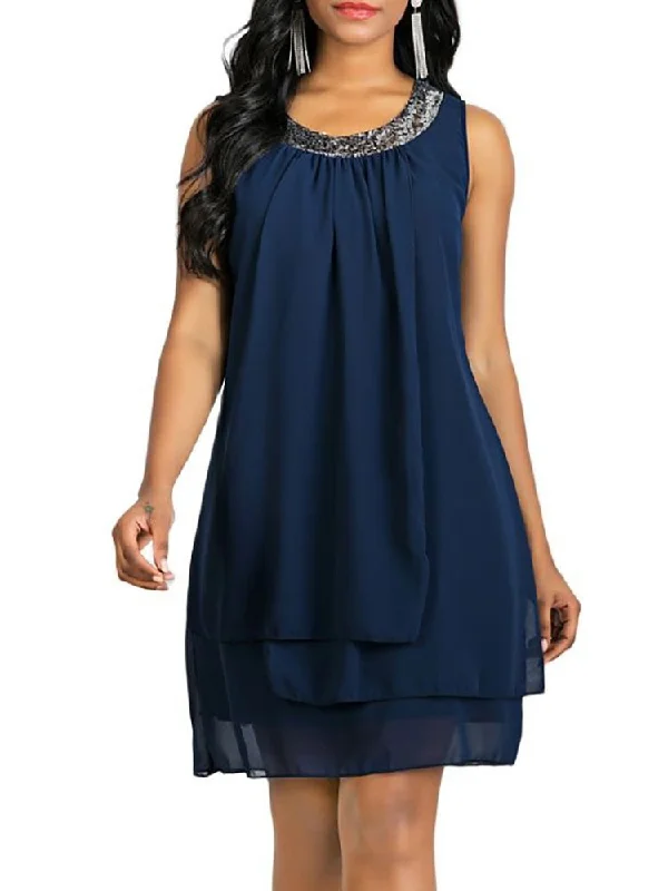 Wjczt Women's Shift Dress Knee Length Dress Sleeveless Solid Color Layered Spring & Summer Loose Size Hot Black Purple Navy Blue Boat Neckline Classic