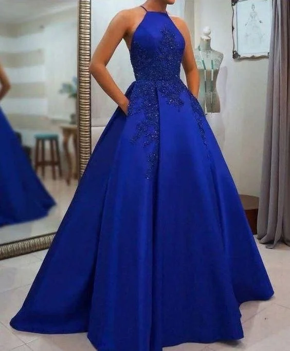 Royal Blue Prom Dress Halter Neckline, Pageant Dress, Evening Dress, Dance Dresses C1815
