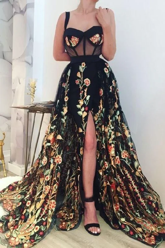 Simple Long Prom Dresses Lace Cheap Slit Party Gowns Evening Dress C1680