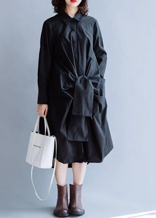 DIY black cotton clothes For Women lapel asymmetric long fall Dress