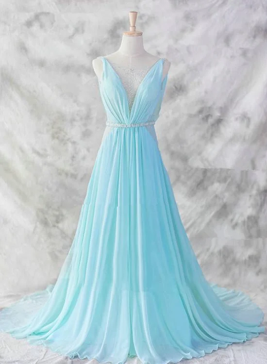 Light Blue Chiffon Long Evening Dress, Blue Beaded Waist Wedding Party prom Dress cg8606 Light Blue Chiffon Long Evening Dress, Blue Beaded Waist Wedding Party prom Dress cg8606