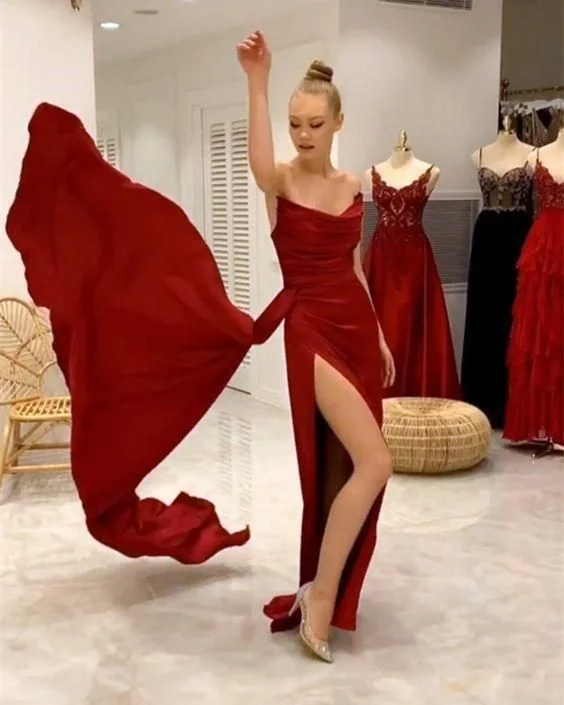 red prom sheath dresses 2022 satin split evening gown C1855