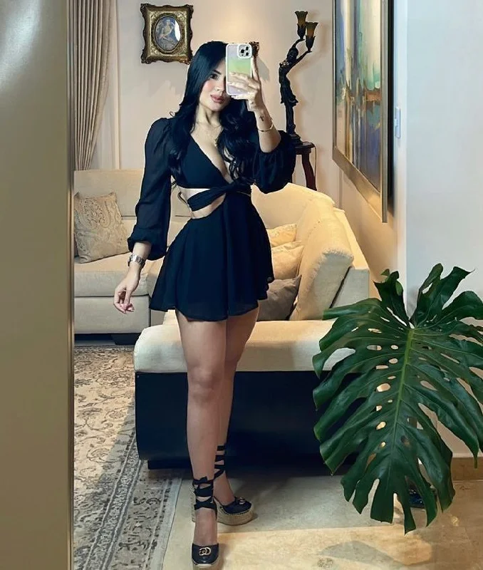Black A-line Waist Cut-out Homecoming Dress,Black Cocktail Dress  Y4302