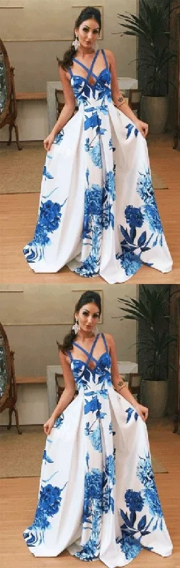 Square Sweep Train Blue Printed Satin Criss-Cross Straps Prom Dress  cg8506