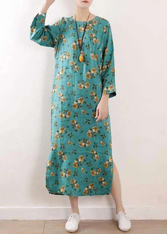 Women side open linen clothes For Women Shape blue floral Dress summer