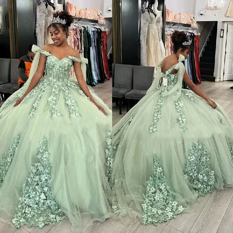 Sage Green Quinceanera Dresses Cape Sleeve 3D Florals Prom Dress Sweet 15 Birthday Dress For Women Party Gowns Sage Green Quinceanera Dresses Cape Sleeve 3D Florals Prom Dress Sweet 15 Birthday Dress For Women Party Gowns