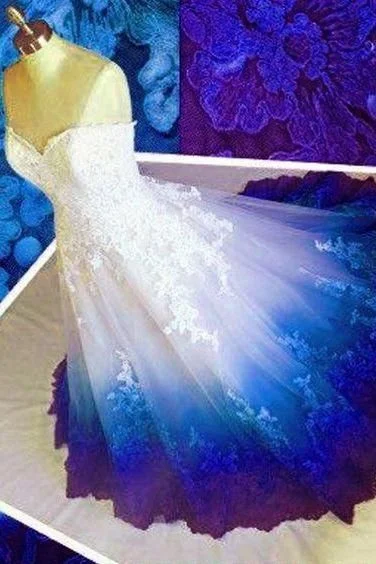 Ball Gown Ombre Prom Dresses, Sweetheart Strapless Evening Dresses, Blue Applique Formal Dresses C1597