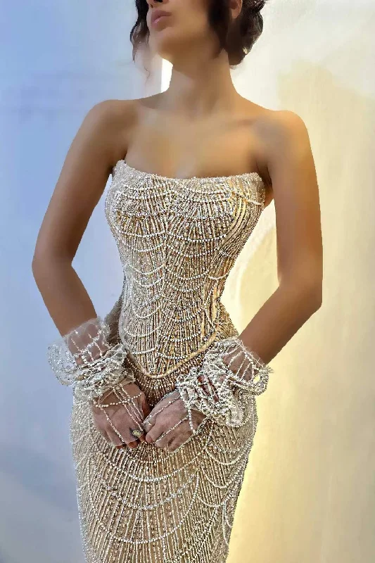 Luxury Arabic Champagne Sequined Pearls Evening Dresses Mermaid Strapless Beaded With Sleeves Formal Prom Party Gowns Vestidos Luxury Arabic Champagne Sequined Pearls Evening Dresses Mermaid Strapless Beaded With Sleeves Formal Prom Party Gowns Vestidos