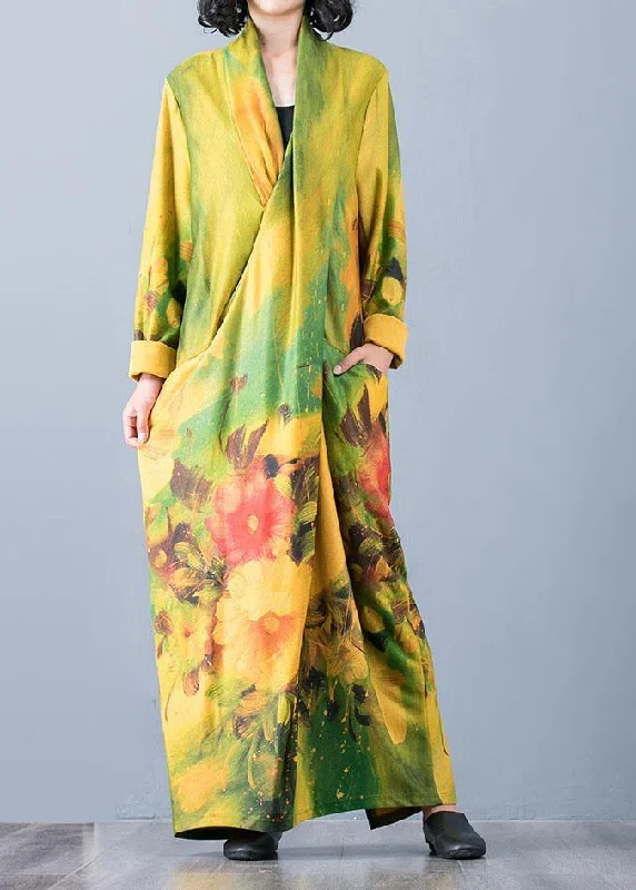 Bohemian v neck back side open cotton clothes For Women Fabrics yellow print Art Dresses fall Bohemian v neck back side open cotton clothes For Women Fabrics yellow print Art Dresses fall