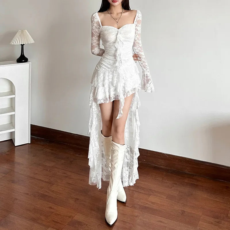 Fairycore Lace Flare Sleeve Square Neck A-line Dress Sweet E-girl Irregular Long Hem Dresses Cyber Y2K Party Vestido Fairycore Lace Flare Sleeve Square Neck A-line Dress Sweet E-girl Irregular Long Hem Dresses Cyber Y2K Party Vestido