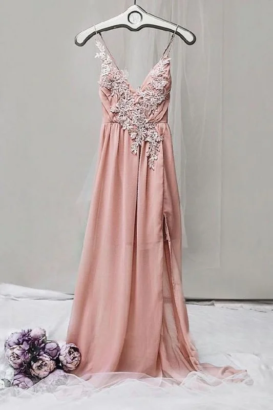 Pink v neck chiffon lace long prom dress, pink evening dress  cg8711