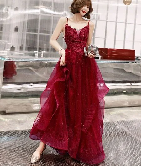burgundy lace long A line prom dress, lace evening dress C1634
