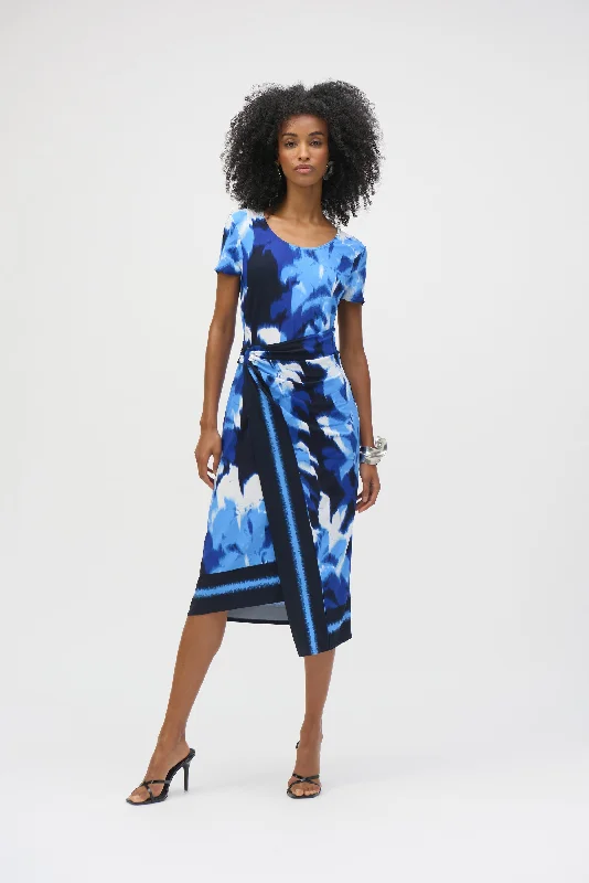 Joseph Ribkoff Blue/Vanilla Silky Knit Tropical Print Sheath Dress