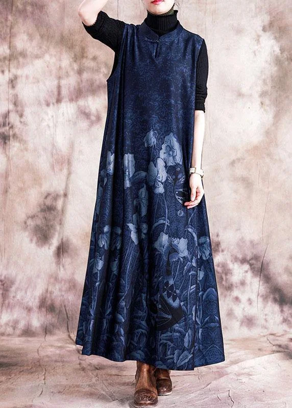 Style blue print cotton quilting dresses stand collar Chinese Button sleeveless Maxi fall Dress Style blue print cotton quilting dresses stand collar Chinese Button sleeveless Maxi fall Dress