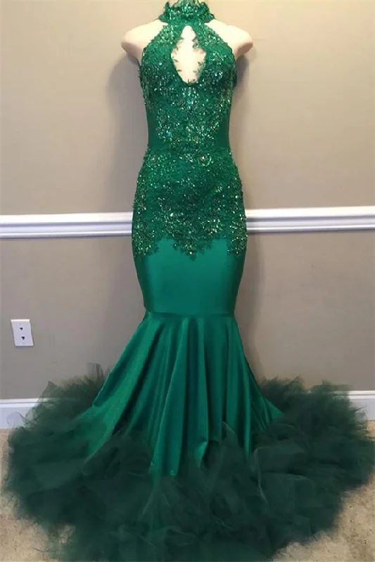 Chic Beads Appliques Halter Prom Dresses Fit And Flare Sleeveless Tulle Evening Gowns C1983