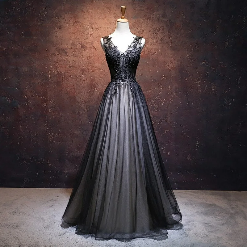 CHIC A-LINE V-NECK FLOOR LENGTH TULLE BLACK APPLIQUE LONG PROM DRESS EVENING DRESS C1592 CHIC A-LINE V-NECK FLOOR LENGTH TULLE BLACK APPLIQUE LONG PROM DRESS EVENING DRESS C1592