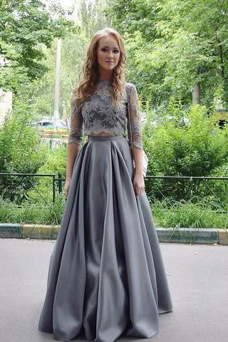 New Arrival Two-Piece A-Line Gray Lace Long Prom/Evening Dress