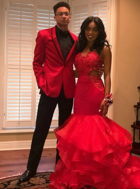 Red Mermaid Tulle Spagehtti Straps Cut Out Appliques Prom Dress 2020  cg8513
