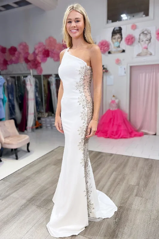 One-Shoulder White Beaded Sheer Mesh Mermaid Long Formal Dress
