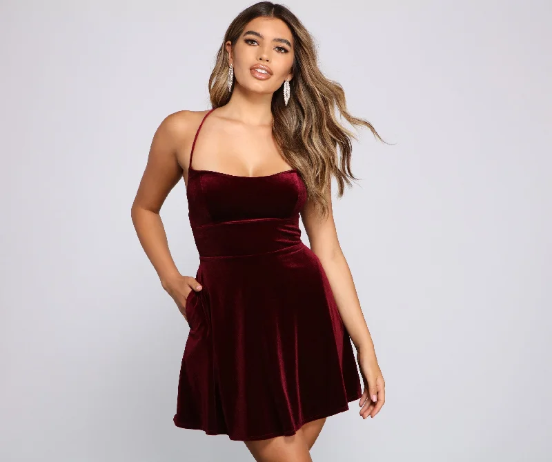 Amelia Lace-Up Back Charming Velvet Skater Dress