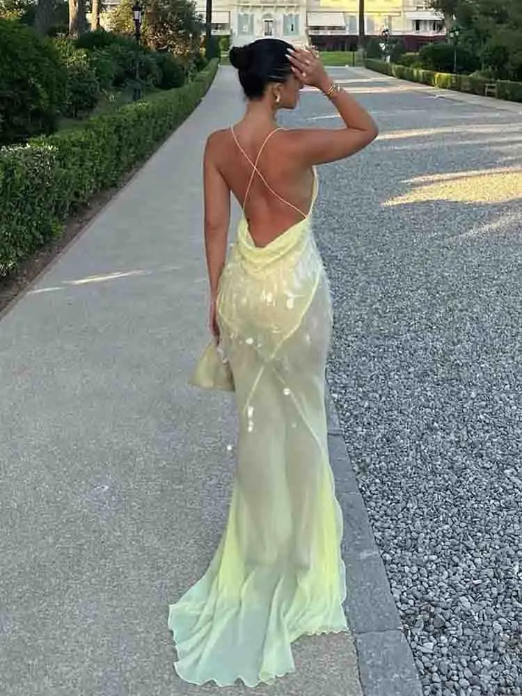 Sexy Sequin Halter Backless Shiny Long Dress Women's Sleeveless V Neck Chic Glitter Dresses  Party Evening Vacation Holiday