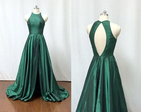 A-line Halter Emerald Green Taffeta Long Prom Dress with Slit  cg8921