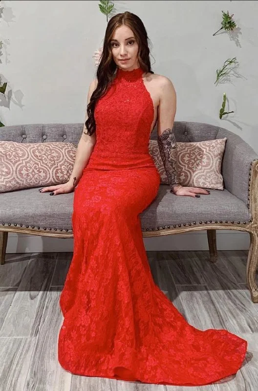 2020 Prom Dresses Mermaid Lace High Neck Open Back Sweep  cg9156