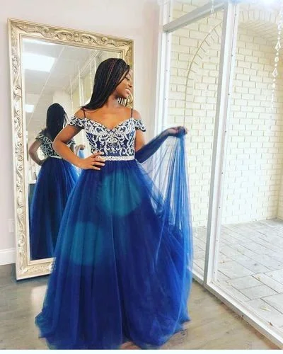 Cold Sleeves Navy Blue Tulle Long Prom Dress  cg8658
