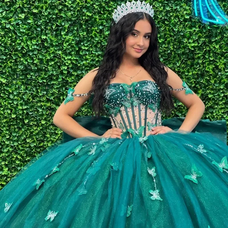Luxury Emerald Green Vestidos De 15 Años 2024 Ball Gowns Quinceanera Dresses Beaded Bow Princess Birthday Rhinestones Women Luxury Emerald Green Vestidos De 15 Años 2024 Ball Gowns Quinceanera Dresses Beaded Bow Princess Birthday Rhinestones Women